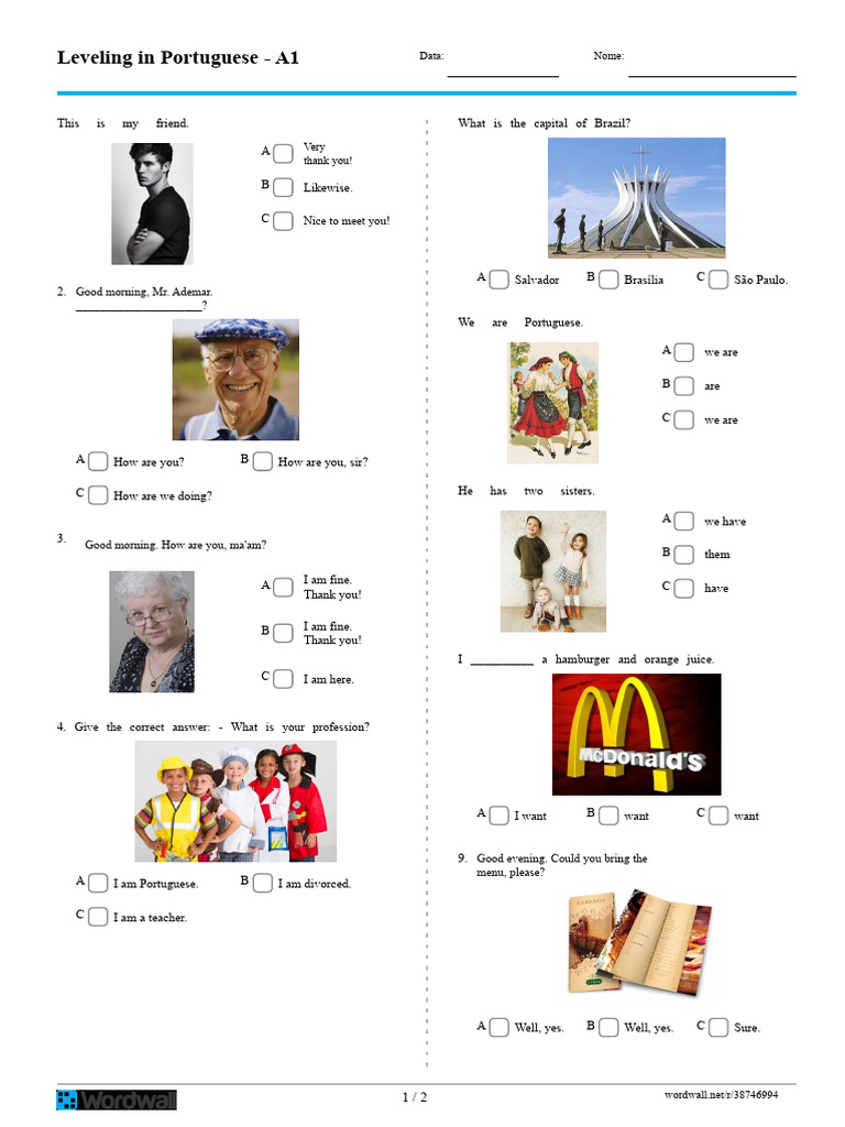 Portuguese A1 Level Practice Questions | PDF | Linguistic Typology ...