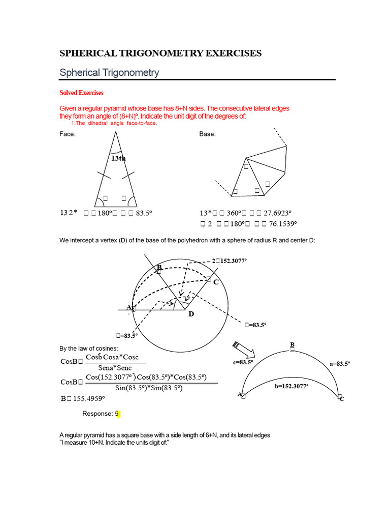 Spherical Trigonometry Exercises and Solutions | PDF | Latitude | Triangle