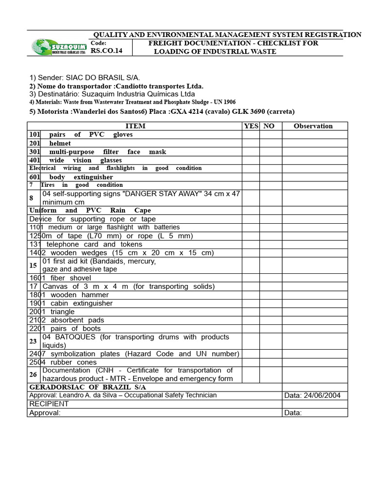 Industrial Waste Loading Checklist | PDF