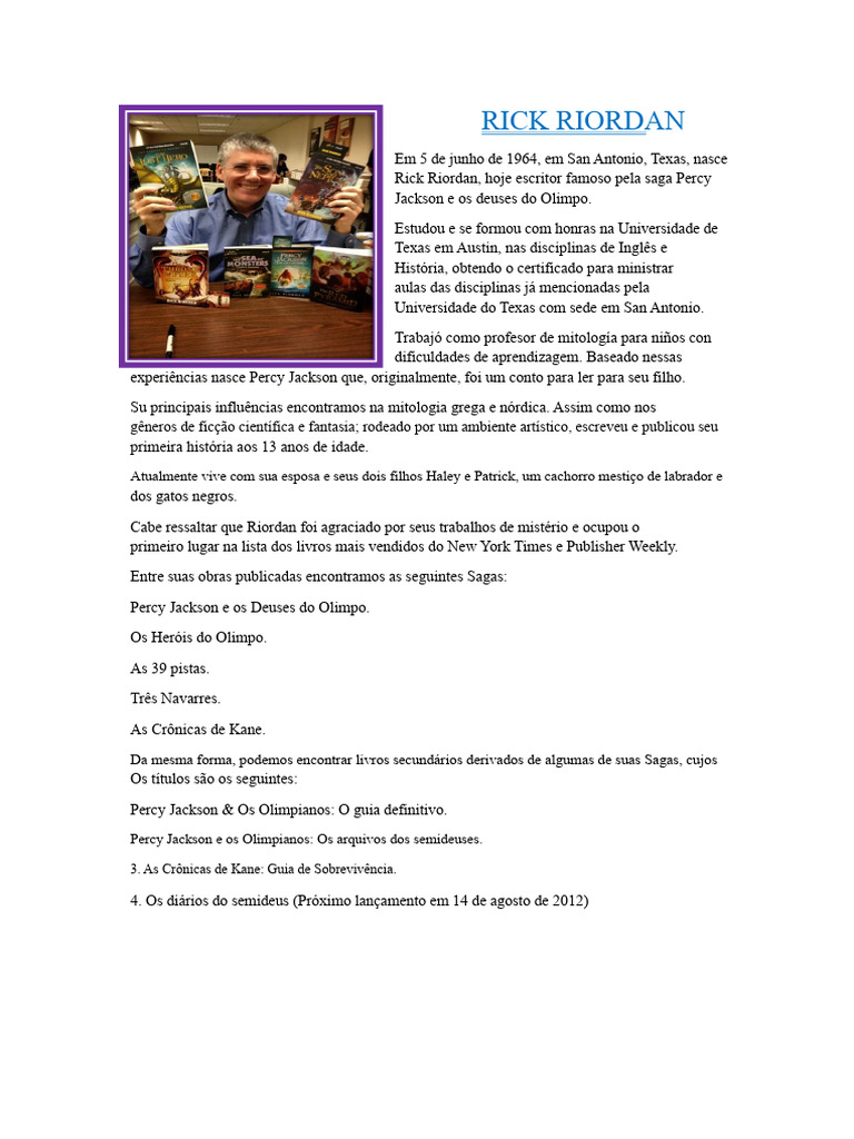Biografia de Rick Riordan e Suas Obras | PDF