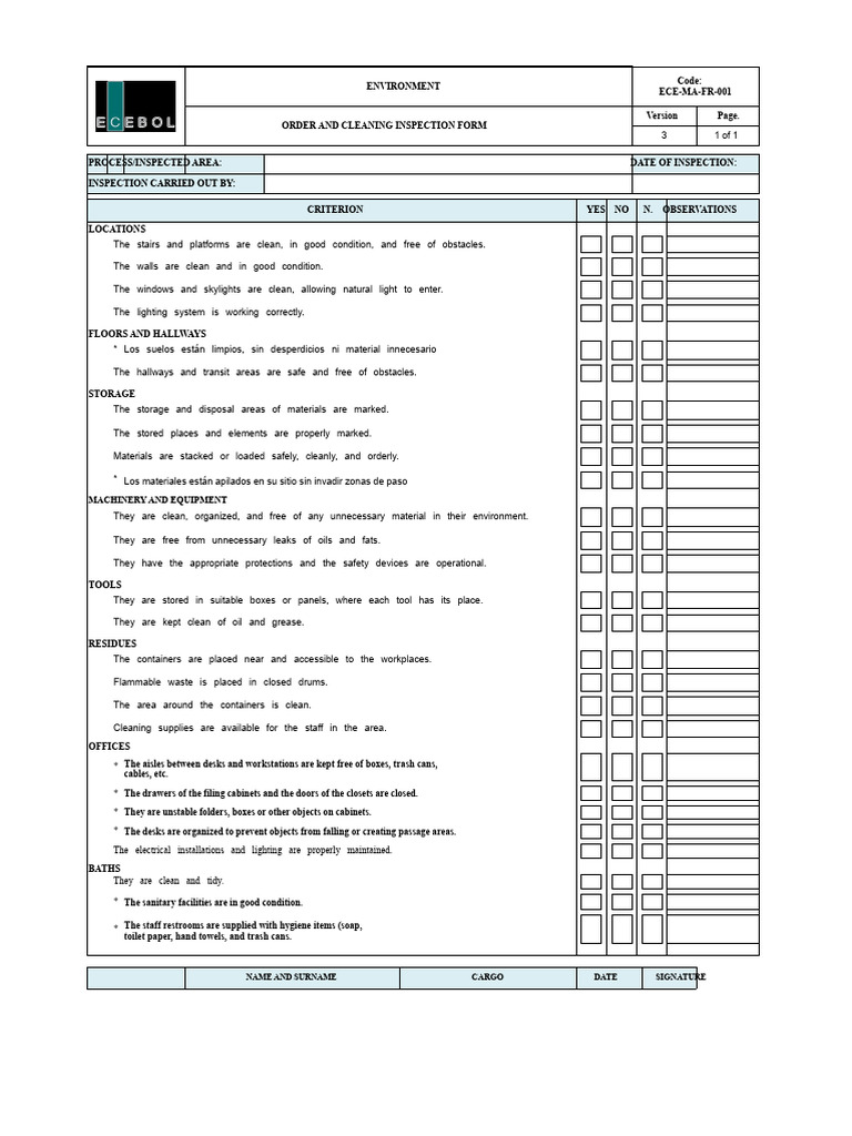 ECE.O-MA-FR-001 ORDER AND CLEANLINESS INSPECTION FORM V3r | PDF