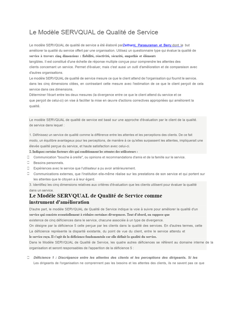 Modèle SERVQUAL : Évaluation de la Qualité de Service | PDF ...