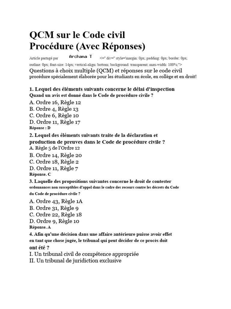 QCM sur le Code Civil et Procédure | PDF | Compétence | Autorité de la ...