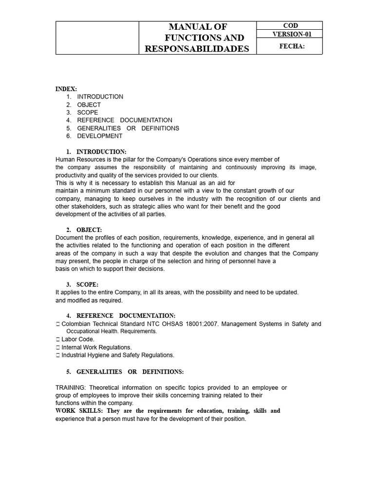 Functions and Responsibilities Manual | PDF | Occupational Safety And ...