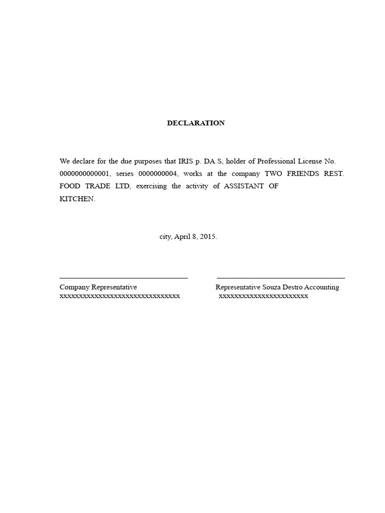 Kitchen Assistant Declaration Document | PDF