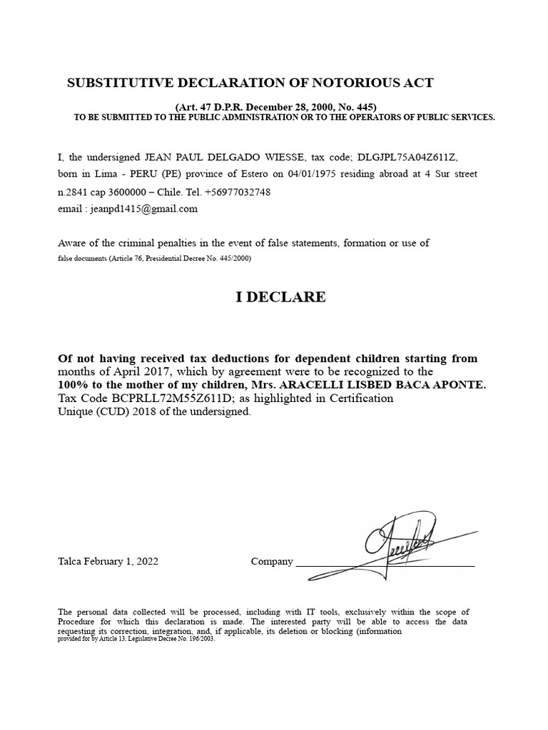 Notorious Act Substitutive Declaration | PDF