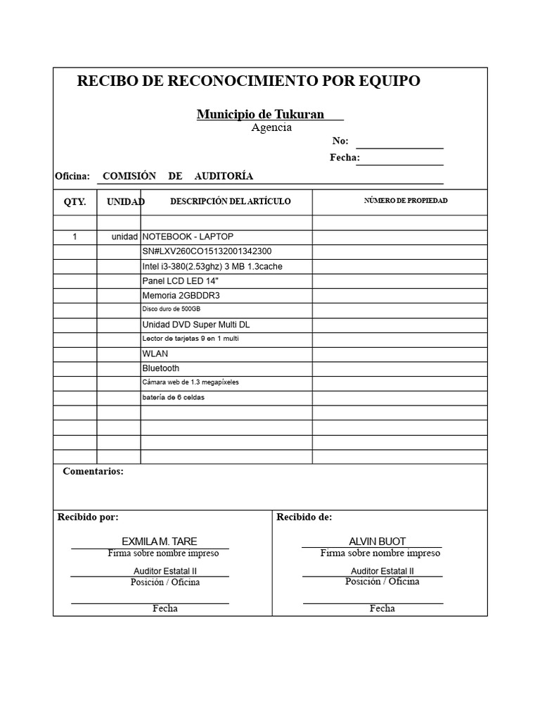 Recibo de Laptop para Auditoría Municipal | PDF | Ordenador portátil ...