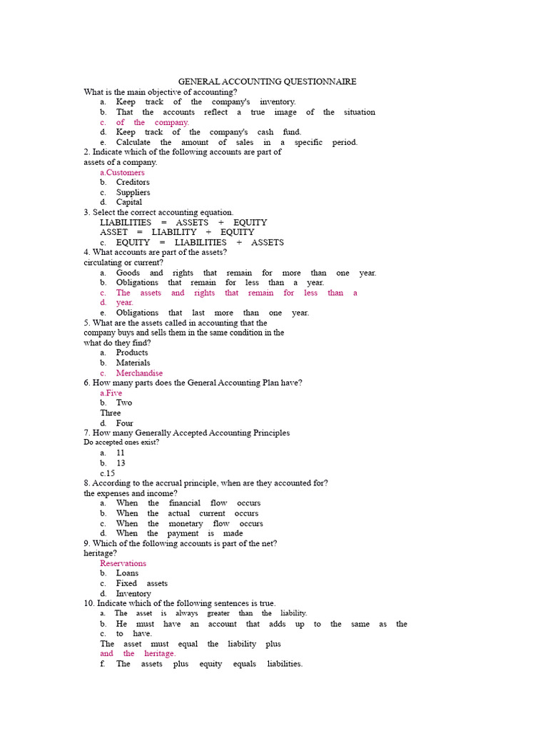 GENERAL ACCOUNTING QUESTIONNAIRE | PDF | Equity (Finance) | Expense