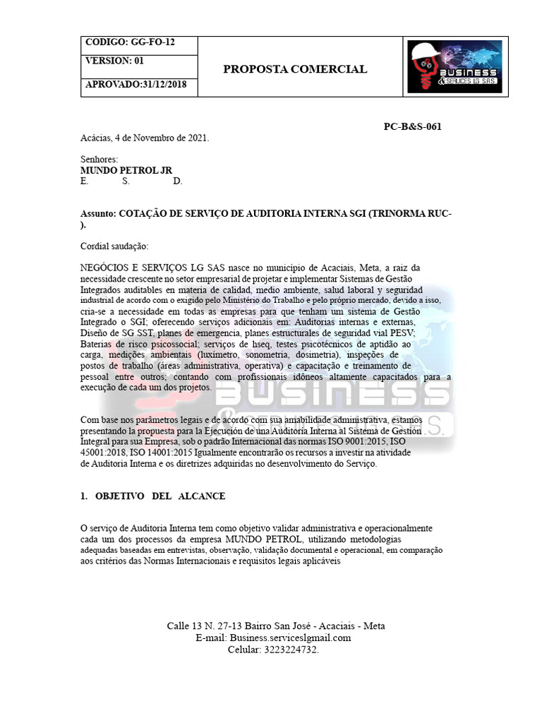 Proposta de Auditoria Interna SGI | PDF | Auditoria interna | Business