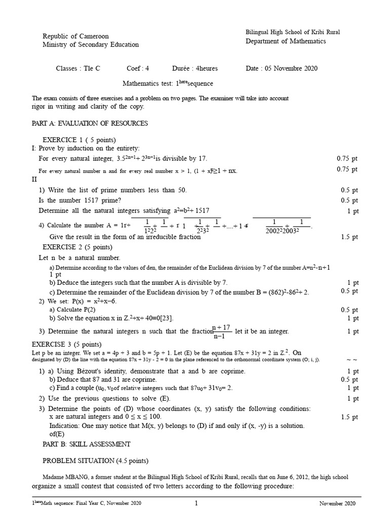 Test Tle C Seq 1 2020-2021 | PDF | Mathematics | Number Theory