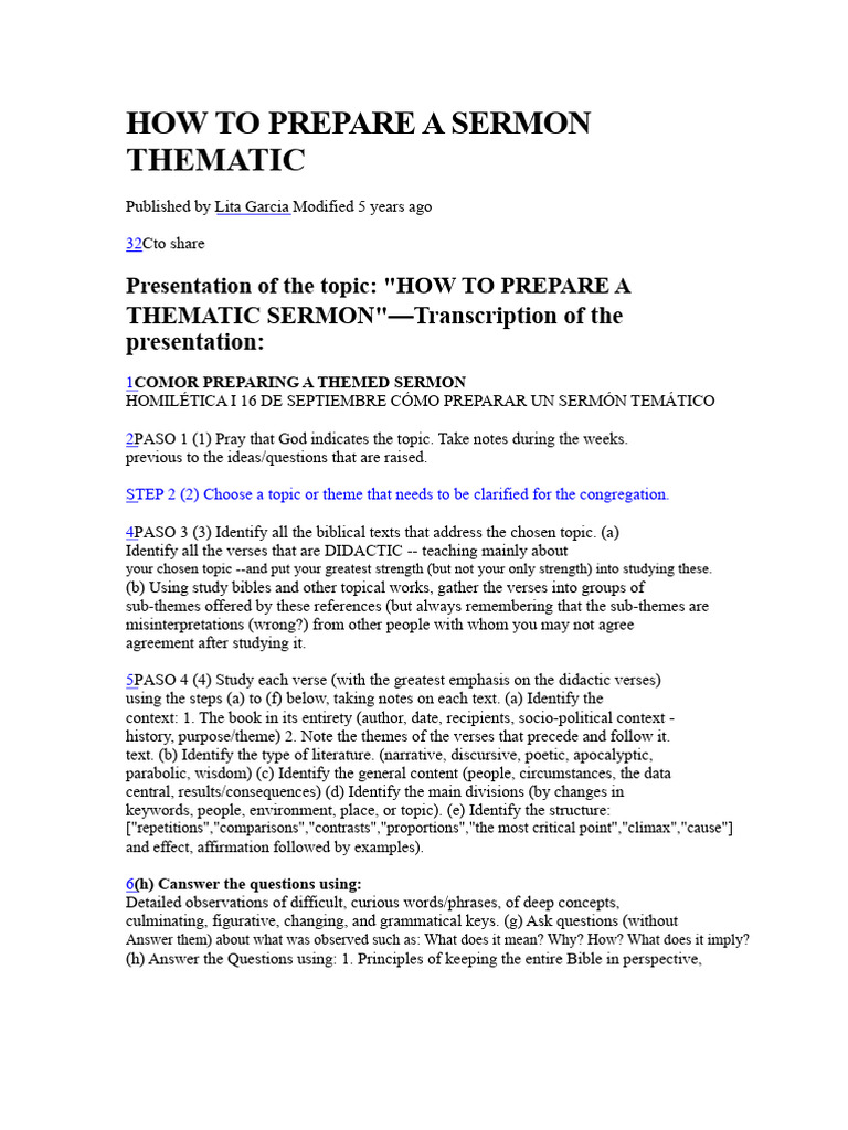 Prepare a Thematic Sermon Guide | PDF | Sermon | Bible