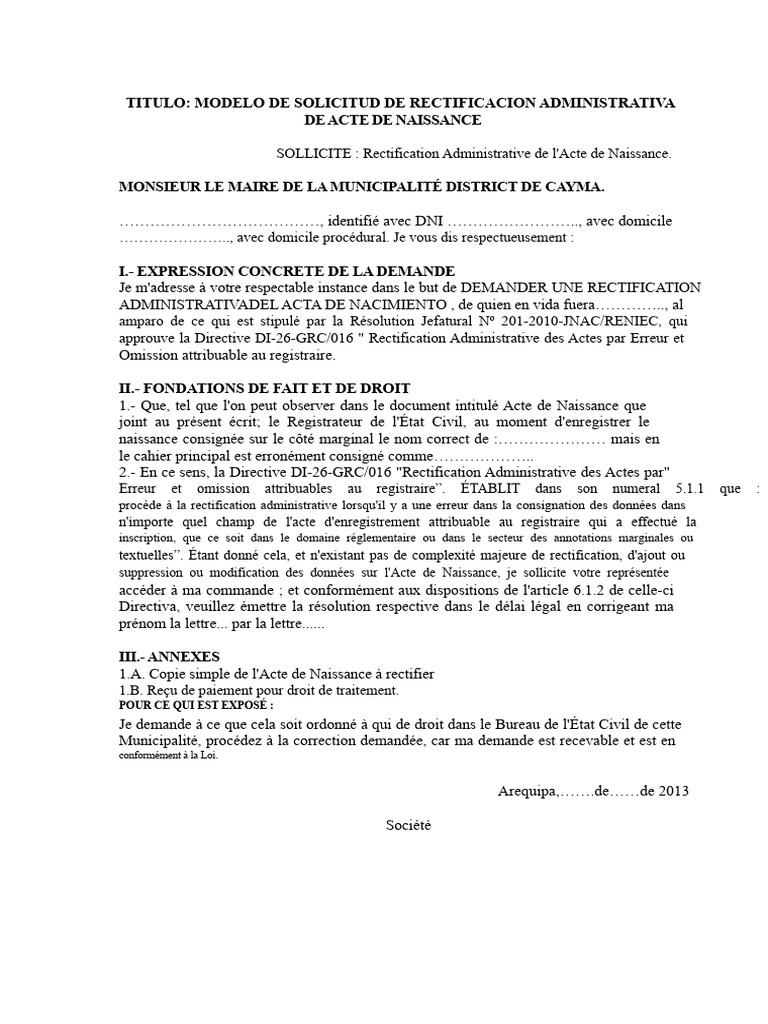 Demande de Rectification d'Acte de Naissance | PDF | Certificat de ...