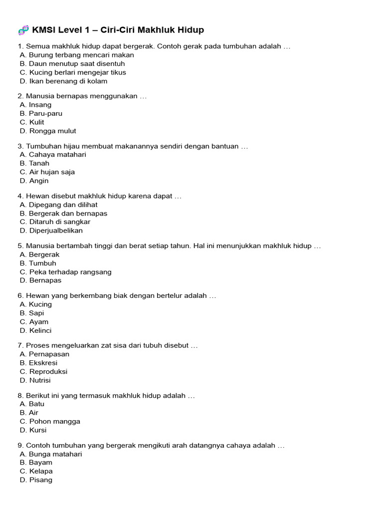 Ciri-Ciri Makhluk Hidup untuk KMSI Level 1 | PDF