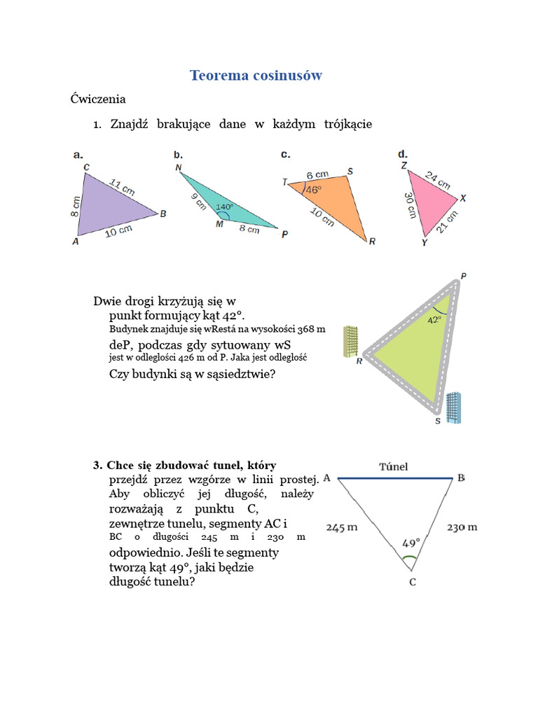 Teoremat Cosinusowy - Ćwiczenia | PDF