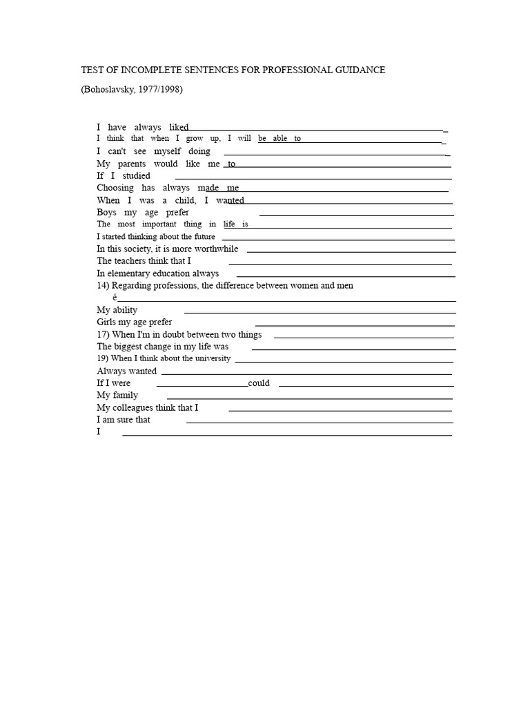 Incomplete Sentences for Guidance Test | PDF