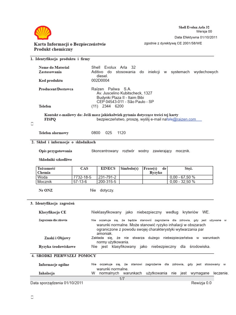 FISPQ Shell Evolux Arla 32 R00 102011 | PDF