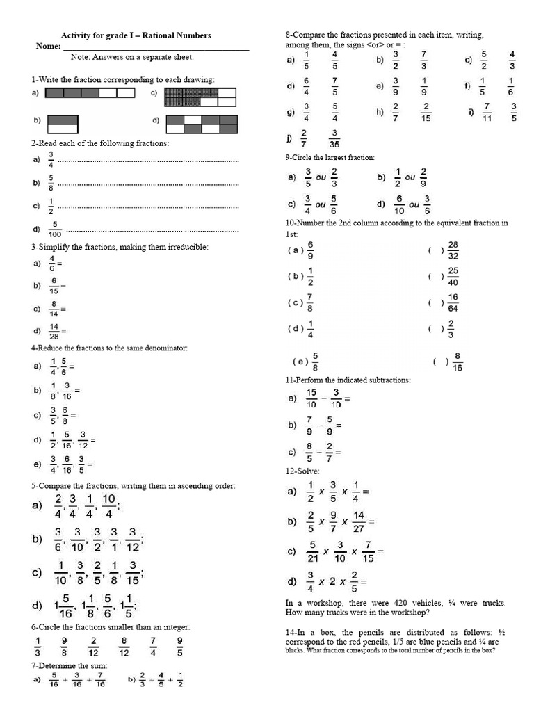 Grade 1 Rational Numbers Activities | PDF