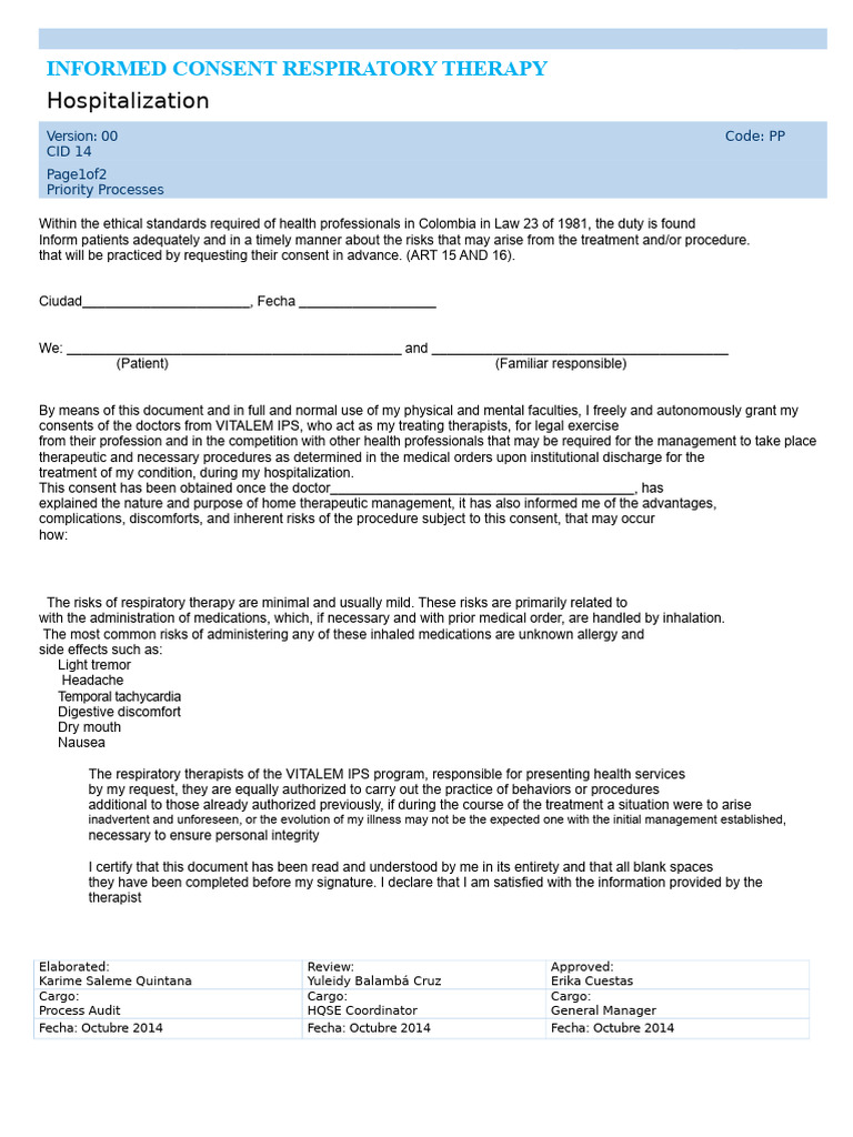 Informed Consent for Respiratory Therapy | PDF | Informed Consent ...