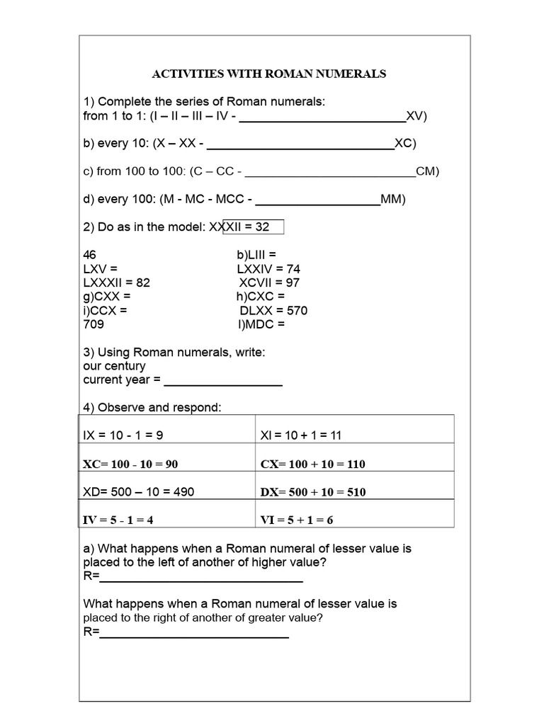 Roman Numerals Activities Guide | PDF | Arithmetic | Naming Conventions