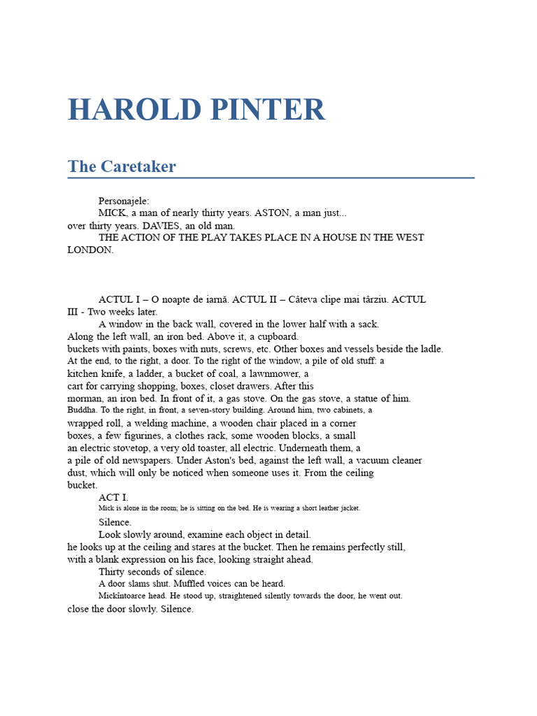 The Caretaker: A Play by Harold Pinter | PDF