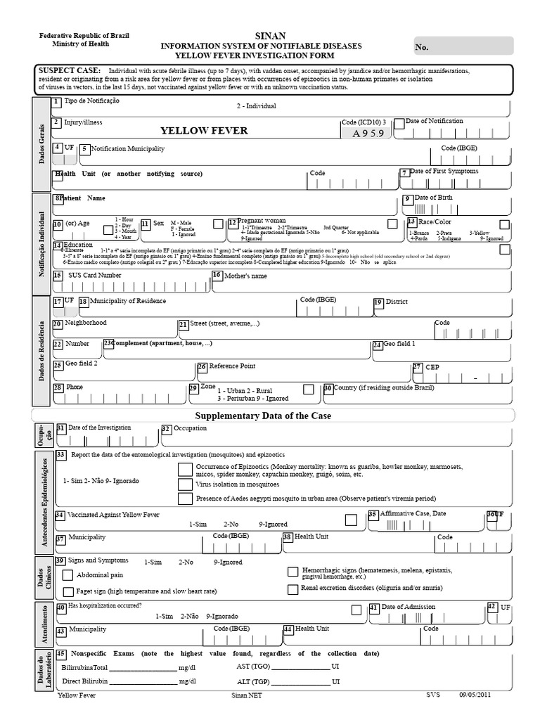 Yellow Fever Investigation Form Brazil | PDF | Yellow Fever | Fever