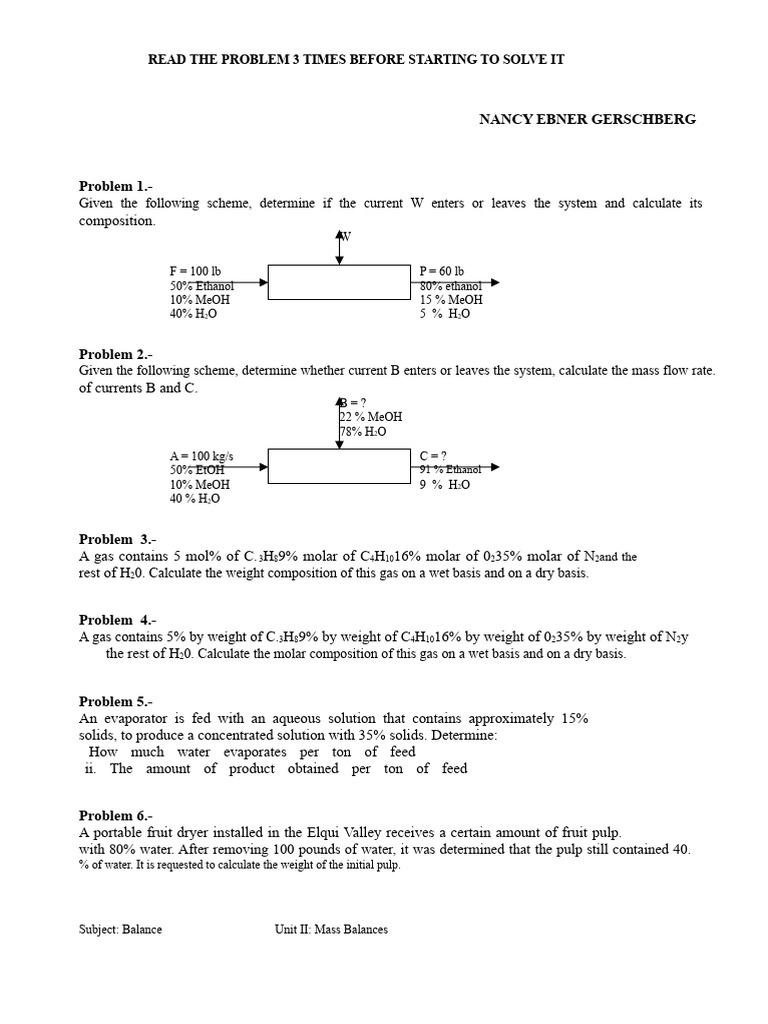 Mass Balance Problems and Solutions | PDF | Distillation | Solubility
