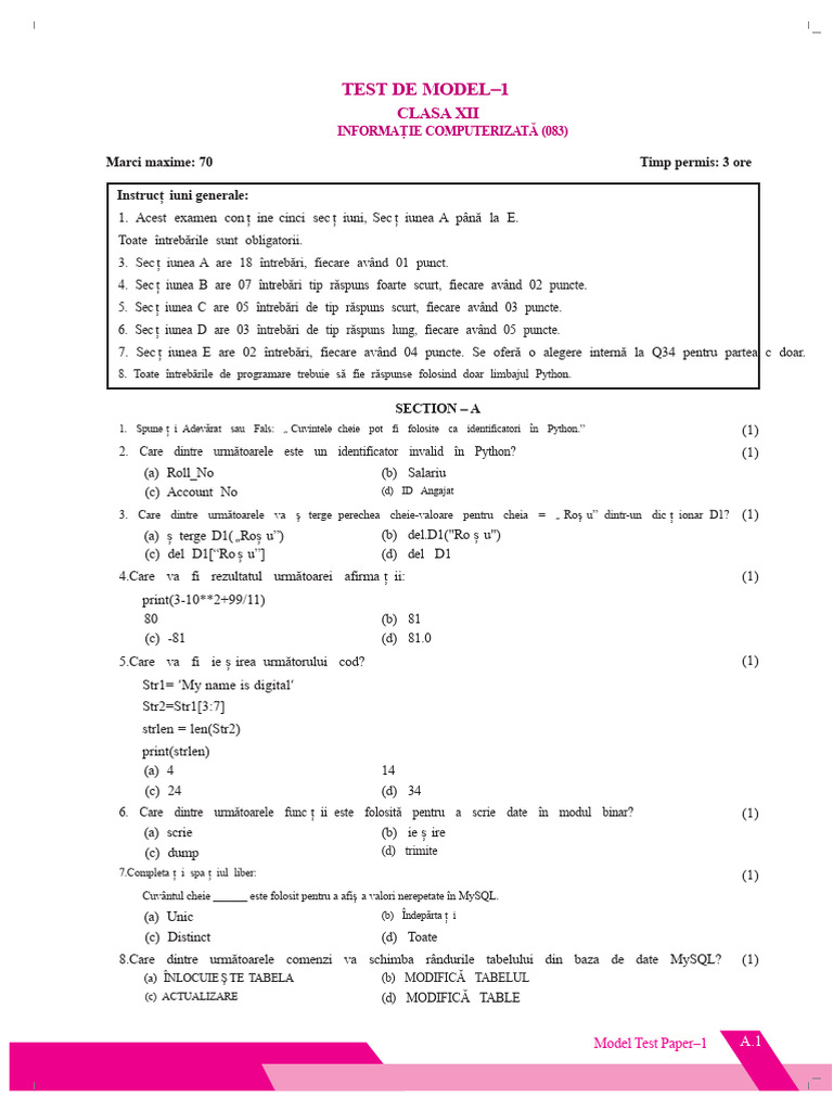 Examen Model 1 La Informatică Clasa A XII-a | PDF
