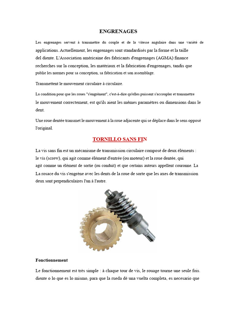 Engrenages et vis sans fin fonctionnement et caractéristiques PDF — free download