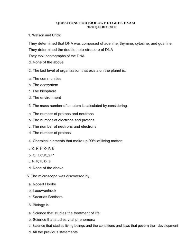 Biology Degree Exam Questions 2011 | PDF | Adrenal Gland | Cell Membrane