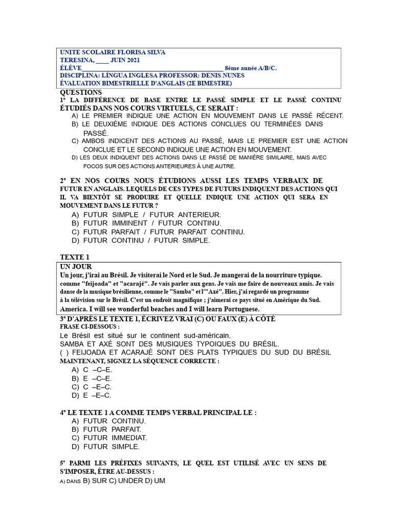 4ème Évaluation Bimestrielle D'anglais 8ème Année 2021 | PDF ...
