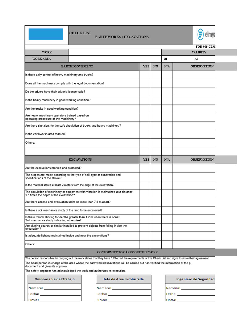 Earthworks and Excavation Safety Checklist | PDF | Heavy Equipment