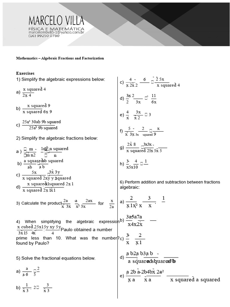 Algebraic Fractions and Factorization Exercises | PDF | Division ...