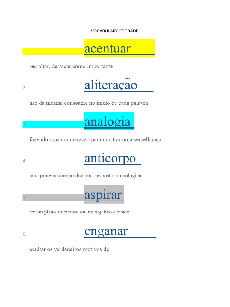 100 Palavras de Vocabulário 9ª SÉRIE | PDF