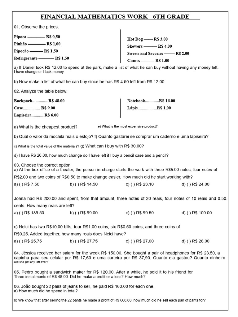 FINANCIAL MATHEMATICS ACTIVITY 6TH GRADE | PDF | Money | Economies