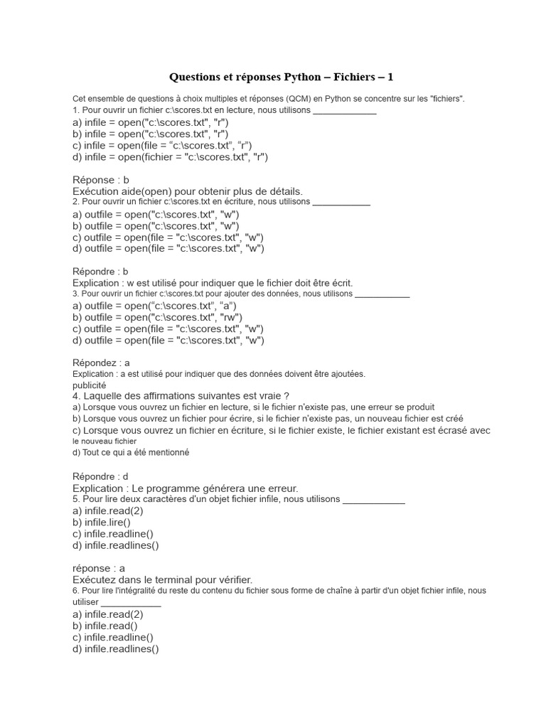QCM Python sur la gestion des fichiers | PDF | Fichier texte | Python ...