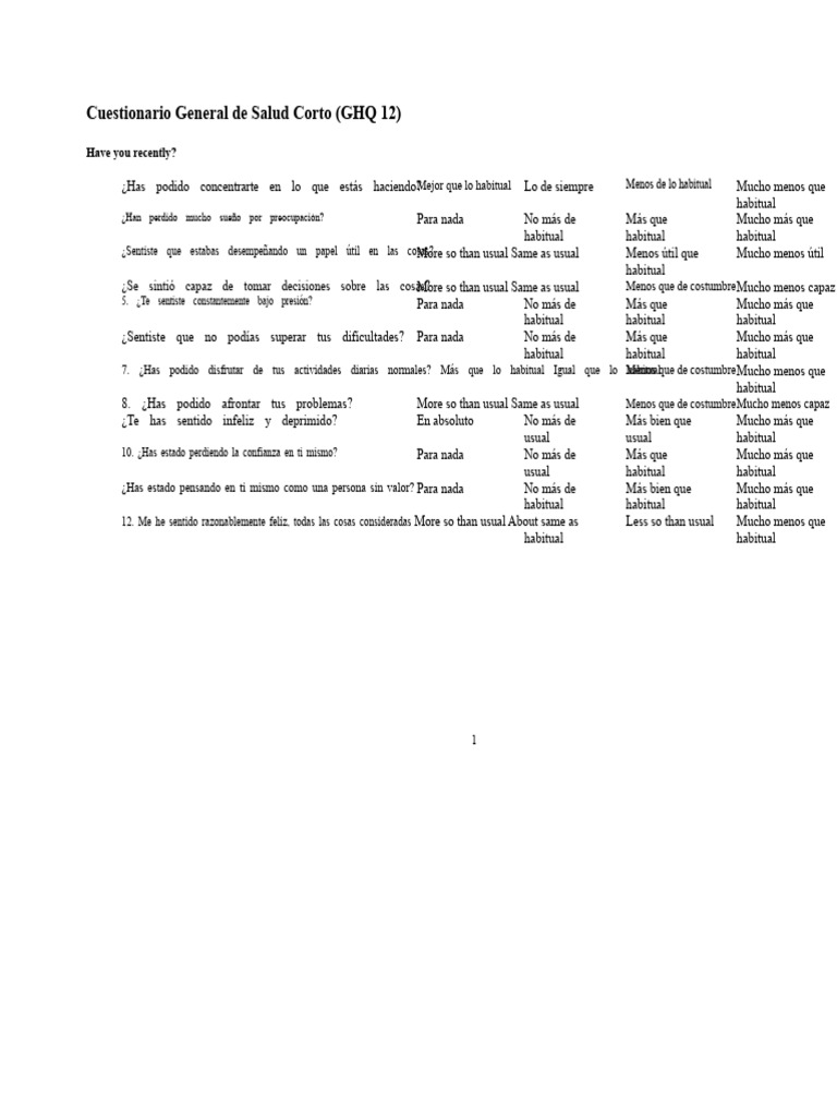 Cuestionario GHQ-12 para Salud Mental | PDF | Depresión (estado de ...