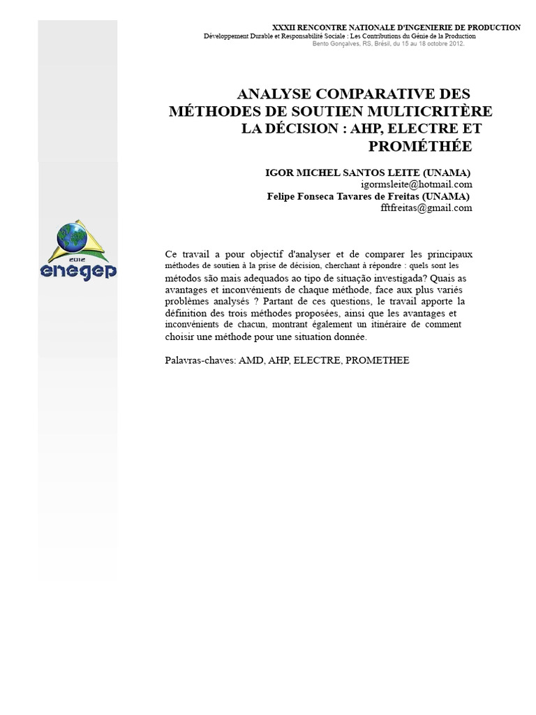 Méthodes de Décision Multicritères AHP, ELECTRE, PROMETHEE | PDF ...