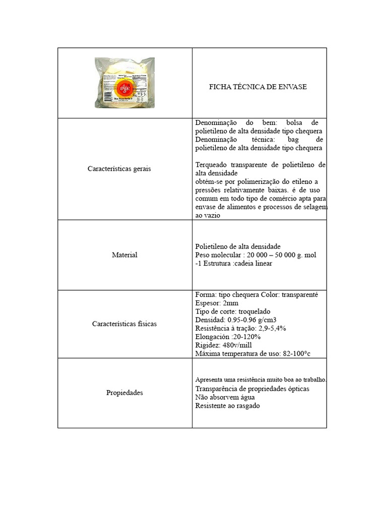FICHA TÉCNICA DE EMBALAGEM | PDF | Polietileno | Plástico
