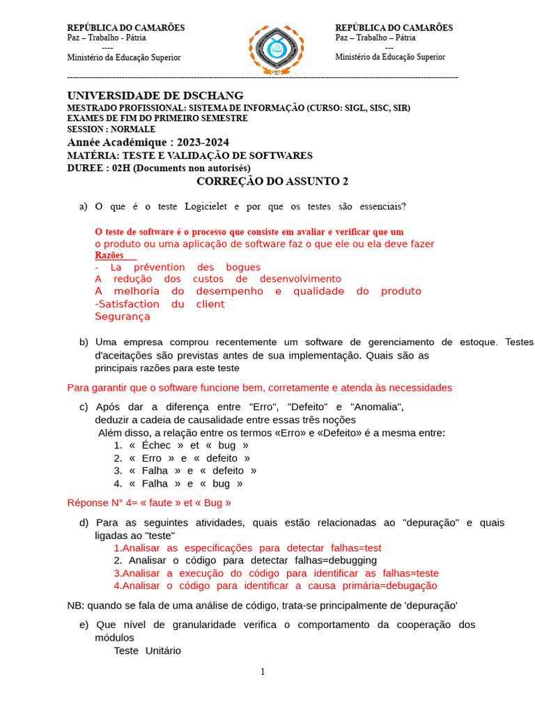 Teste e Validação de Softwares em Dschang | PDF | Testes de software ...