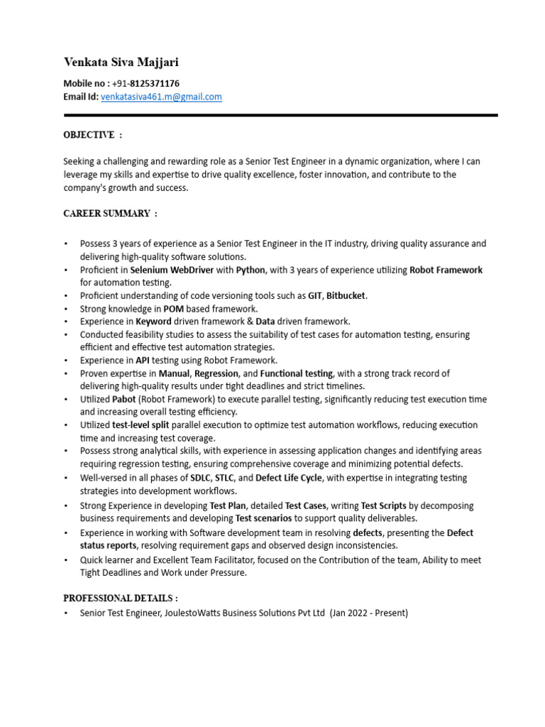Senior Test Engineer Resume Summary | PDF | Selenium (Software ...