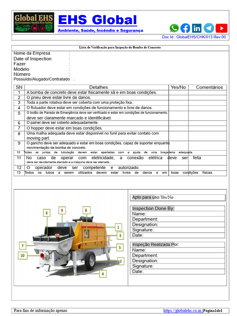 Checklist de Inspeção de Bomba de Concreto | PDF