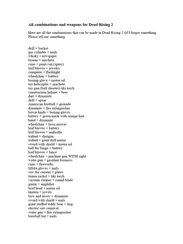 Dead Rising 2 Weapon Combinations Guide | PDF