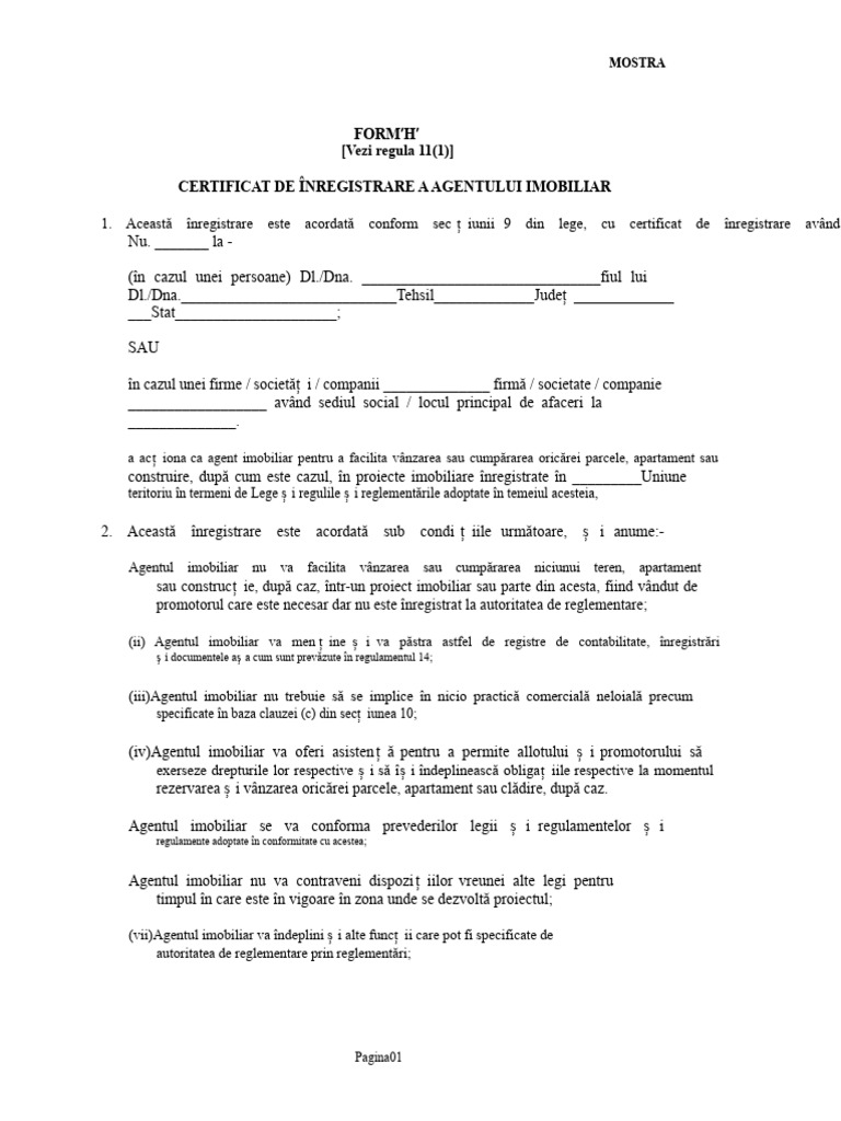 Certificat de Înregistrare A Agentului Imobiliar Formular H | PDF