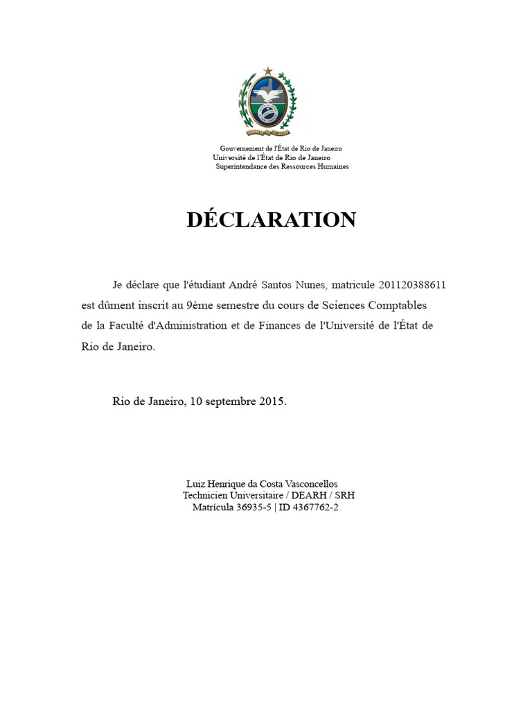 Déclaration d'inscription d'André Nunes | PDF
