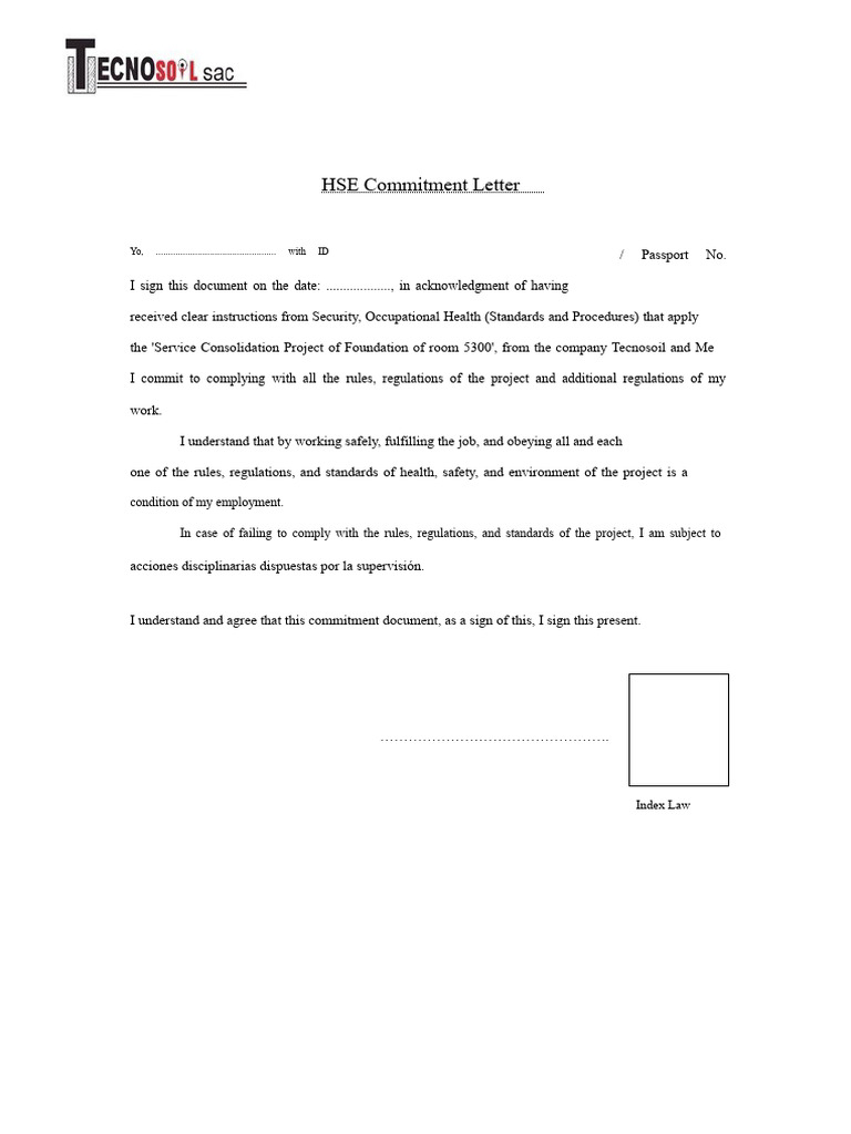 HSE Commitment Letter for Tecnosoil Project | PDF