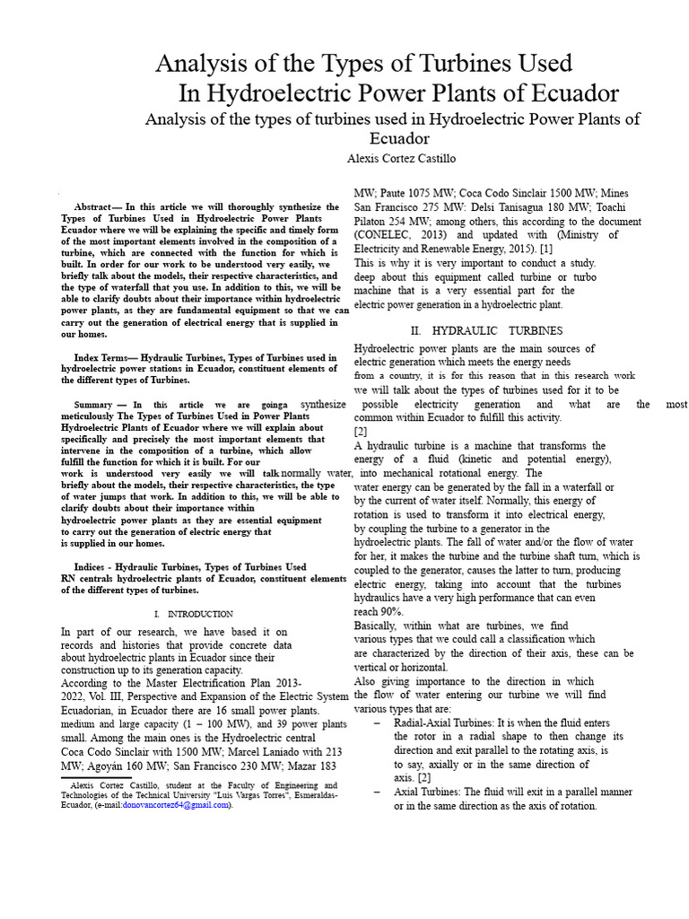 Article Central Analysis of The Types of Turbines Used in Hydroelectric ...