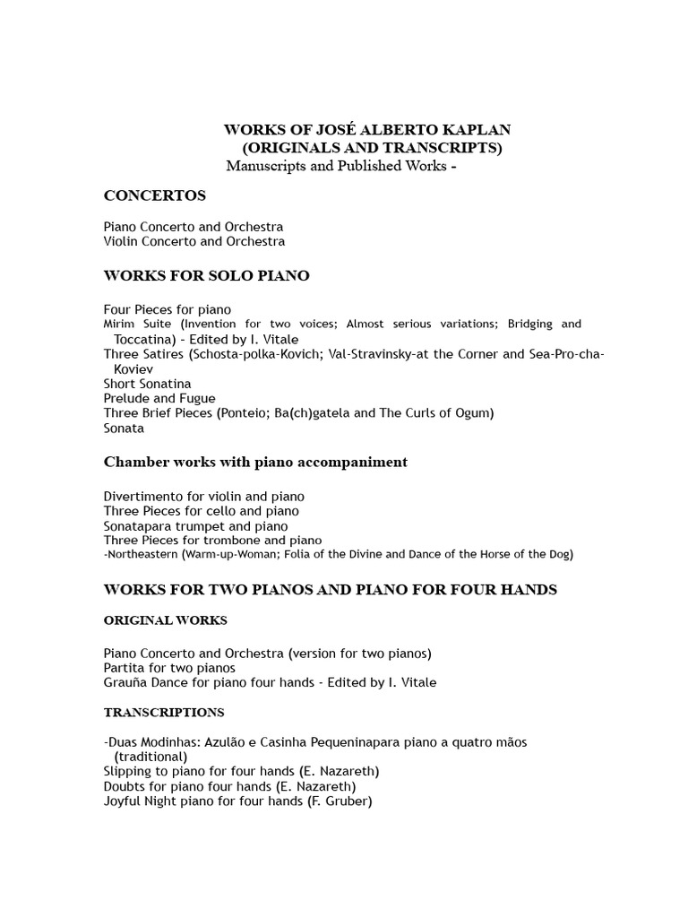 Catalog of Works by José Alberto Kaplan | PDF | Concerto | Cello
