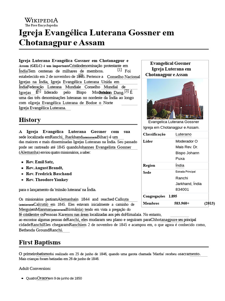 Igreja Evangélica Luterana Gossner em Chotanagpur e Assam | PDF ...