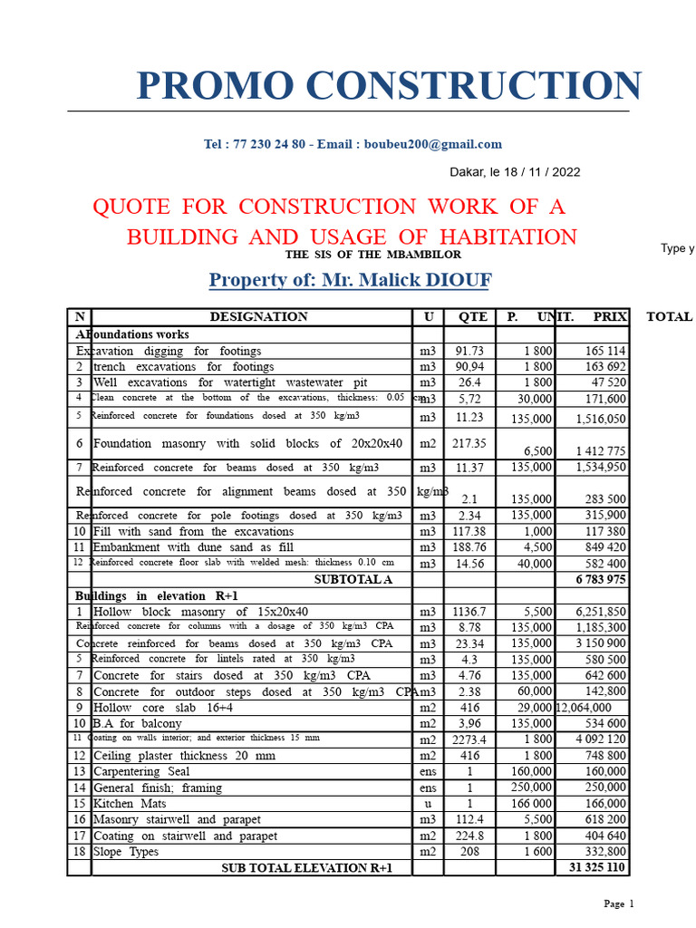 Construction Quote for Building R+1 | PDF | Concrete | Tap (Valve)