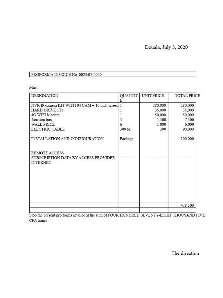 Proforma Invoice for Security Camera Kit | PDF